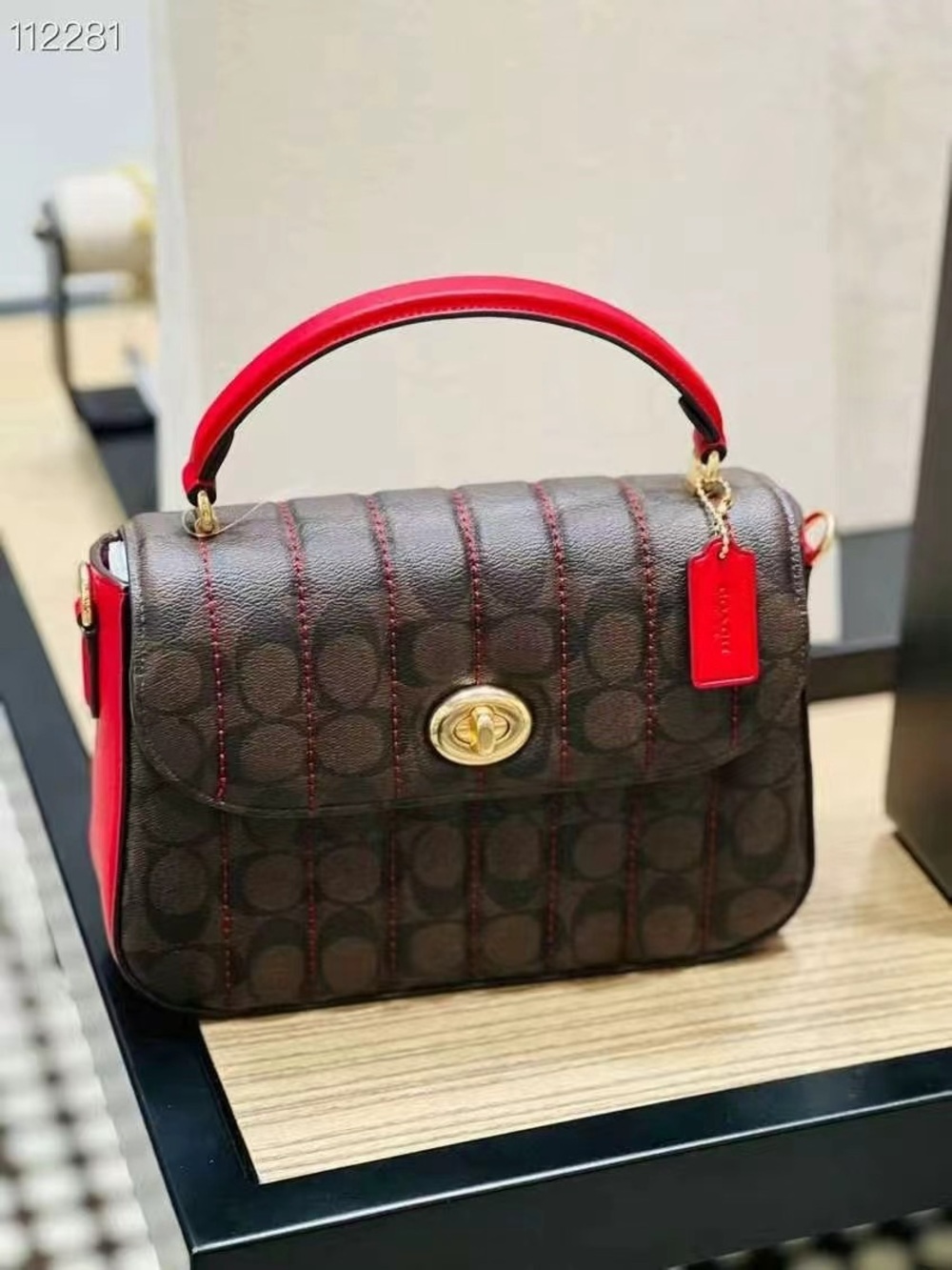 Coach Marlie Top Handle In Signature Canvas with Quilting Gold/Khaki/Black c5645